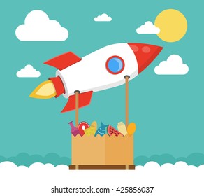 Concept of the fast delivery service. Rocket with the grocery package. Flat vector illustration.