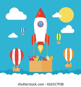 Concept of the fast delivery service. Rocket with the grocery package. Flat vector illustration.