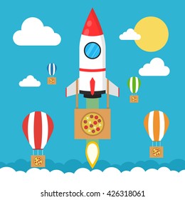 Concept of the fast delivery service. Rocket with the pizza box. Flat vector illustration.