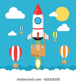 Concept of the fast delivery service. Rocket with the box. Flat vector illustration.