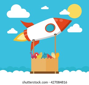 Concept of the fast delivery service. Rocket with the grocery package. Flat vector illustration.