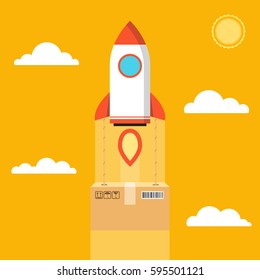 Concept of the fast delivery service. Rocket with the box. Flat vector illustration.