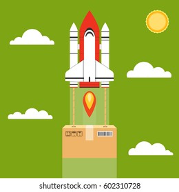 Concept of the fast delivery service. Rocket with the box. Flat vector illustration.