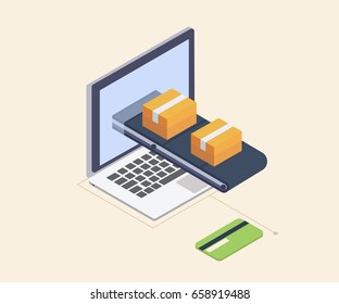 A concept for fast delivery service.Package box on a laptop screen. Isometric illustration vector.