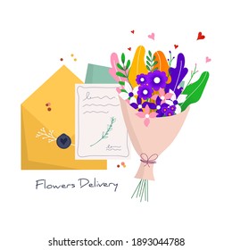 Concept for fast flower delivery with craft paper envelope to the recipient. Online delivery service for landing page. Vector illustration for web with bouquet, parcel, pack