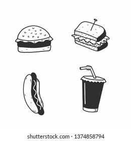 The concept of fast food. Beverage, hotdog,sandwich,hamburger