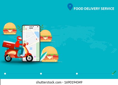 Concept of fast food delivery service, man driving scooter in front of a big hamburger and smartphone that the display contain map and GPS to deliver the food to customer by use application on mobile.