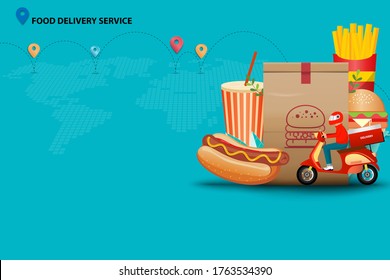 Concept of fast food delivery service, staff is driving scooter to deliver fast food (sparkling water, hot dog, hamburger and french fries) to customer on time in green color background.