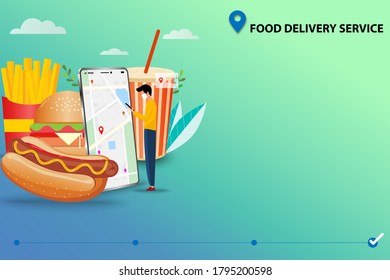 Concept of fast food delivery service, young man holding a smartphone to order fast food (sparkling water, hot dog with mustard, hamburger and french fries) and track the shipment by use map and GPS.