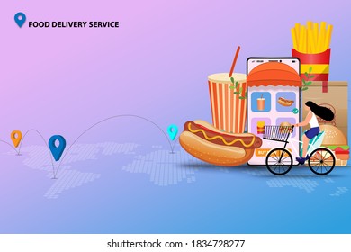 Concept of fast food delivery service, young women ride a bicycle in front of fast food (sparkling water, hot dog with mustard, hamburger and french fries) and big smartphone.
