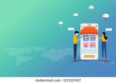 Concept of fast food delivery service, young man and woman are discussing to order fast food (sparkling water, hot dog with mustard, hamburger and french fries) in blue and green color background.