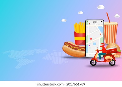Concept of fast food delivery service, delivery man riding a scooter in front of a big smart phone that and contain map and GPS and big fast food (sparkling water, hotdog, hamburger and french fries).