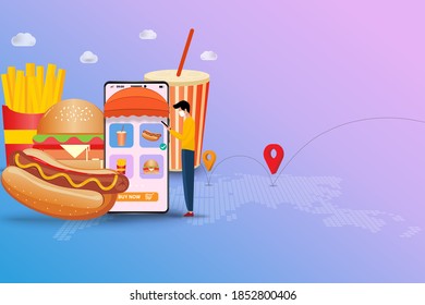 Concept of fast food delivery, young man hold a smartphone to order fast food (sparkling water, hot dog with mustard, hamburger and french fries) and track the shipment by use application on mobile.