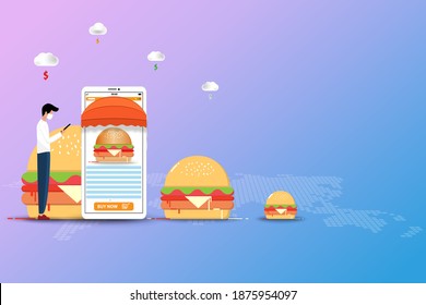 Concept of fast food delivery, young man wear a medical face mask and hold a smartphone that the display contain details of hamburger and read before decide to order.