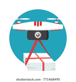 The concept of fast, free delivery, gift. Vector illustration. Dron delivers the parcel. 