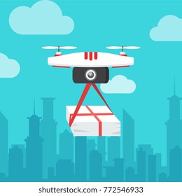 The concept of fast, free delivery, gift. Vector illustration. Dron delivers the parcel. 