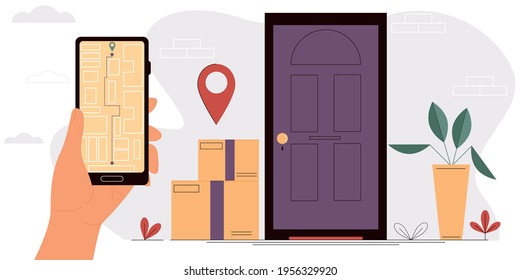 The concept of fast, free home delivery. Hand holding a smartphone with an open map. Online delivery service. Isolated vector illustration
