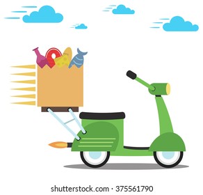 Concept Of The Fast Grocery Delivery Service On Scooter Or Motorbike. Flat Vector Illustration.