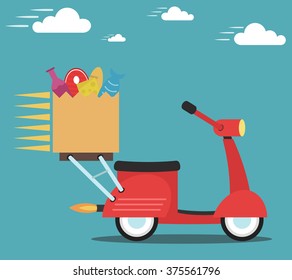 Concept of the fast grocery delivery service on scooter or motorbike. Flat vector illustration.