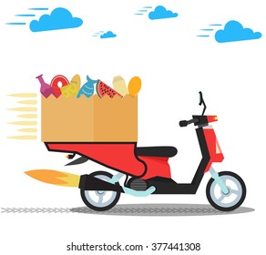 Concept of the fast grocery delivery service on scooter or motorbike. Flat vector illustration.