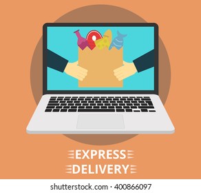 Concept of the fast grocery delivery service. Hands holding package with a food. Flat vector illustration.
