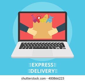 Concept of the fast grocery delivery service. Hands holding package with a food. Flat vector illustration with laptop.