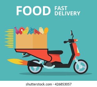 Concept of the fast grocery delivery service on scooter or motorbike. Flat vector illustration.