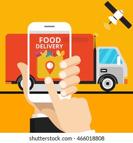 Concept of the fast grocery delivery service. Online order. Flat vector illustration.