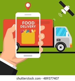 Concept of the fast grocery delivery service. Online order. Flat vector illustration.