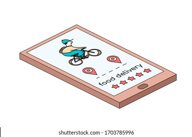 el concepto de entrega rápida y de alta calidad de productos a los consumidores. el mensajero monta una bicicleta en la aplicación en tu teléfono. clasificado 5 estrellas. ilustración vectorial aislada en un fondo blanco. isometría.