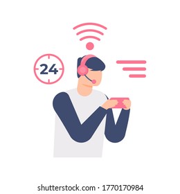 the concept of fast internet, wireless, 24 hours nonstop. illustration of a man using a smartphone to play online games. flat design. can be used for elements, landing pages, UI, website