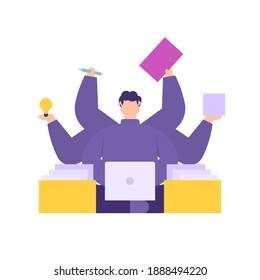ein Begriff des schnellen oder unfähigen Arbeitnehmers oder Arbeitnehmers. Multitalent und Multitasking-Menschen. Illustration eines Mannes, der mehrere Aufgaben mit sechs Händen bewältigen kann. mit einem Laptop. Flachstil. Vektordesign-Elemente