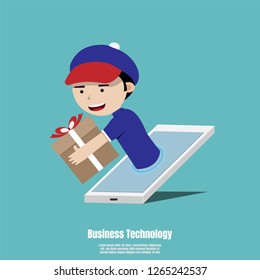 Concept for fast online delivery service. Delivery man holding a gift box out of smartphone screen. Vector illustration flat
