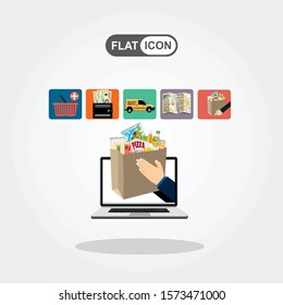 Concept for fast online delivery service. Hands holding a package box with groceries out of laptop screen. Food delivery, internet shopping concepts. Vector flat illustration.