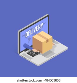 Concept for fast Online delivery service. Messenger hand giving package box out of laptop screen. Isometric illustration vector.