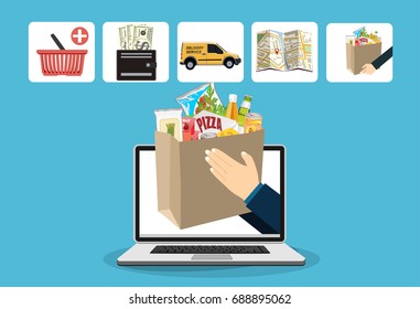 Concept for fast online delivery service. Hands holding a package box with groceries out of laptop screen.  Food delivery, internet shopping concepts. Vector flat illustration.