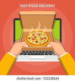 Concept for fast pizza delivery. Hands holding a italian pizza in opened cardboard box out of laptop screen. Flat vector illustration.
