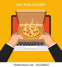 Concept for fast pizza delivery. Hands holding a italian pizza in opened cardboard box out of laptop screen. Flat vector illustration.