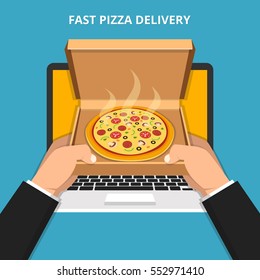 Concept for fast pizza delivery. Hands holding a italian pizza in opened cardboard box out of laptop screen. Flat vector illustration.