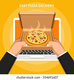 Concept for fast pizza delivery. Hands holding a italian pizza in opened cardboard box out of laptop screen. Flat vector illustration.