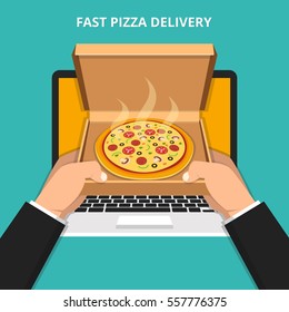Concept for fast pizza delivery. Hands holding a italian pizza in opened cardboard box out of laptop screen. Flat vector illustration.