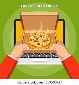 Concept for fast pizza delivery. Hands holding a italian pizza in opened cardboard box out of laptop screen. Flat vector illustration.