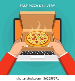 Concept for fast pizza delivery. Hands holding a italian pizza in opened cardboard box out of laptop screen. Flat vector illustration.
