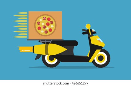 Concept of the fast pizza delivery service on scooter or motorbike. Flat vector illustration.