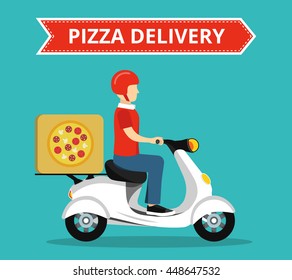 Concept of the fast pizza delivery service on scooter or motorbike. Flat vector illustration.