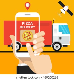 Concept of the fast pizza delivery service. Online order. Flat vector illustration.