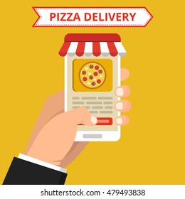Concept of the fast pizza delivery service. Online order. Flat vector illustration.