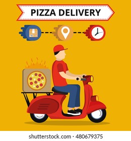 Concept of the fast pizza delivery service on scooter or motorbike. Flat vector illustration.