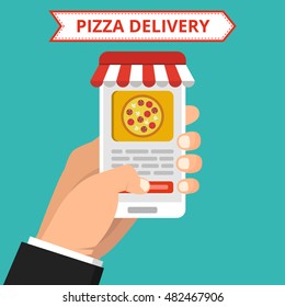 Concept of the fast pizza delivery service. Online order. Flat vector illustration.