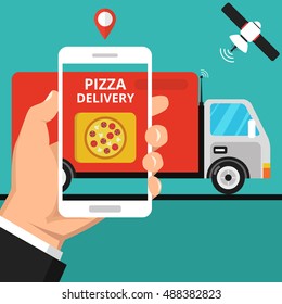 Concept of the fast pizza delivery service. Online order. Flat vector illustration.